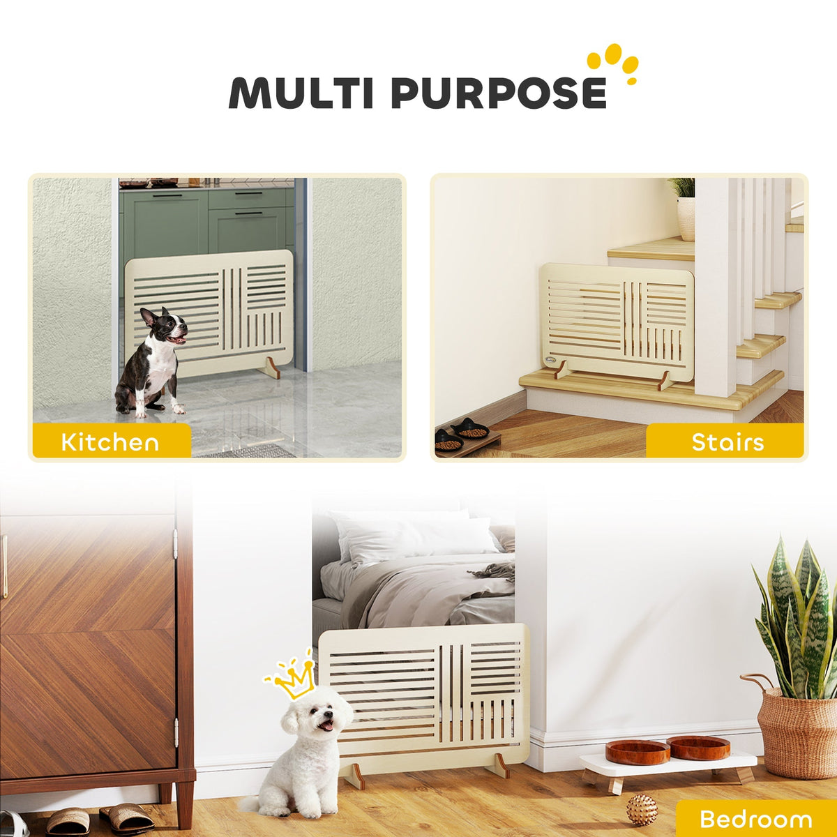 The freestanding pet gate is shown in different home locations, including a kitchen and stairs