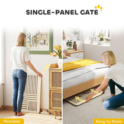 This wooden dog barrier is shown being easily stored and moved, highlighting its portability