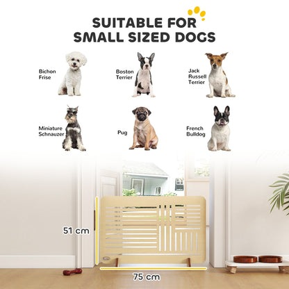 This dog gate is shown with dimensions 75cm wide and 51cm high, suitable for small dogs