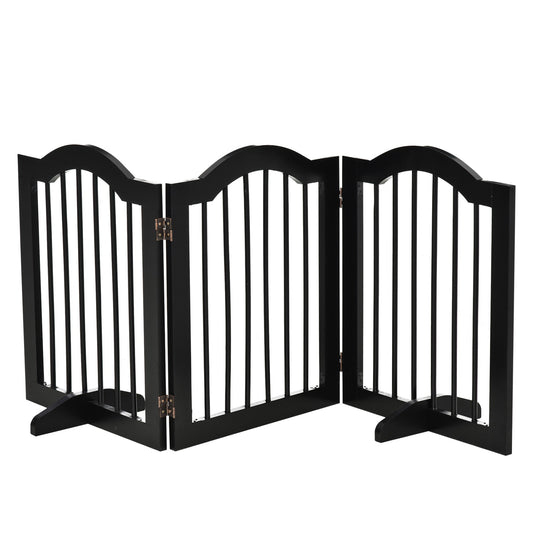 PawHut Freestanding Pet Gate, a black wooden three-panel pet barrier with arched tops and support feet