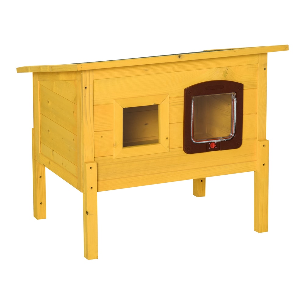 Pawhut Garden Wooden Cat House Hide Cage, a yellow wooden outdoor cat shelter with a sloping roof, a door and a window