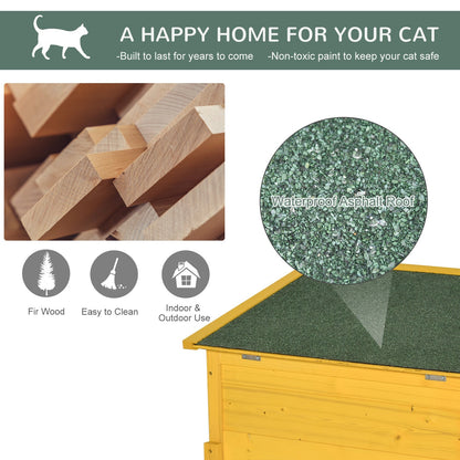 Close up of the wooden cat house showing the fir wood construction and waterproof asphalt roof