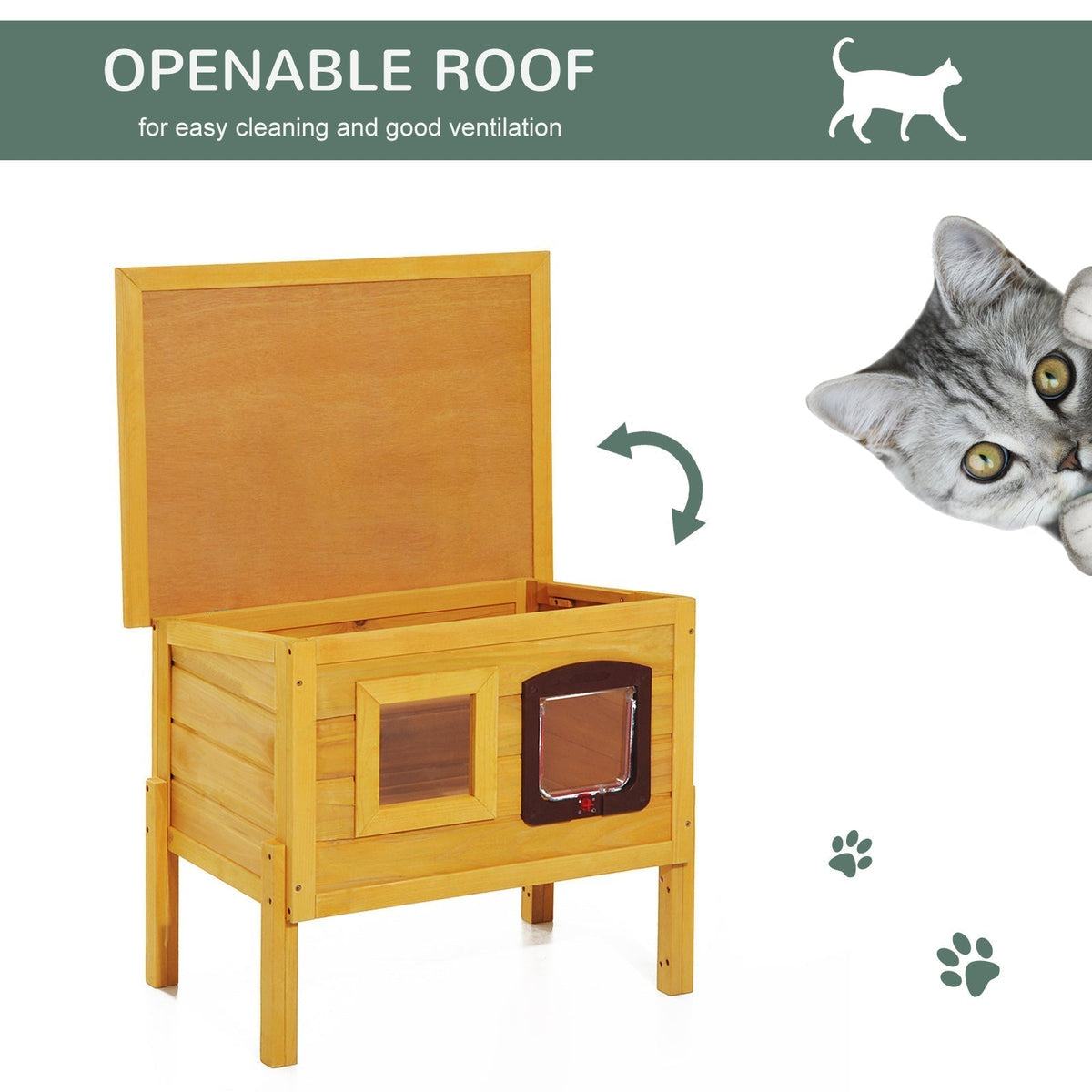 The roof of this wooden cat house is openable for easy cleaning and ventilation