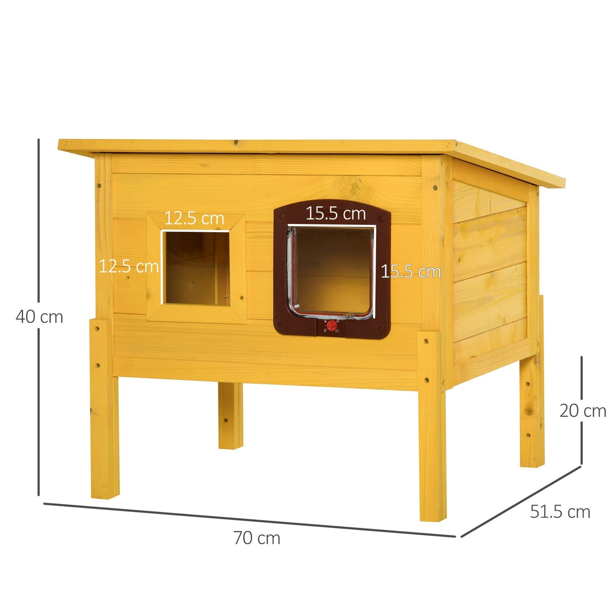 This wooden cat house has dimensions marked for height, width and depth
