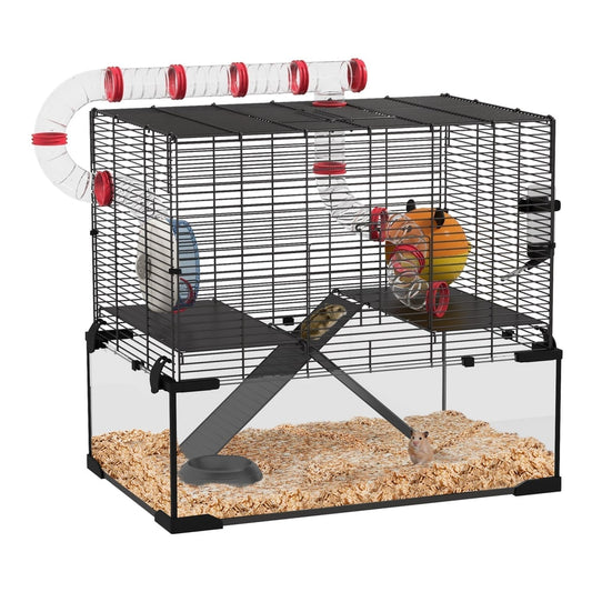 PawHut Gerbil Cage with clear glass base, wire top, tunnels, platforms, and exercise wheel
