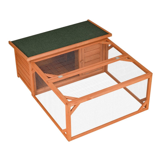 The small animal house with a green roof and wire mesh run area