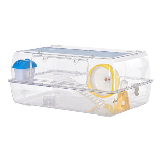 PawHut Hamster Cage, a clear plastic two-tier home with a yellow running wheel and blue water bottle