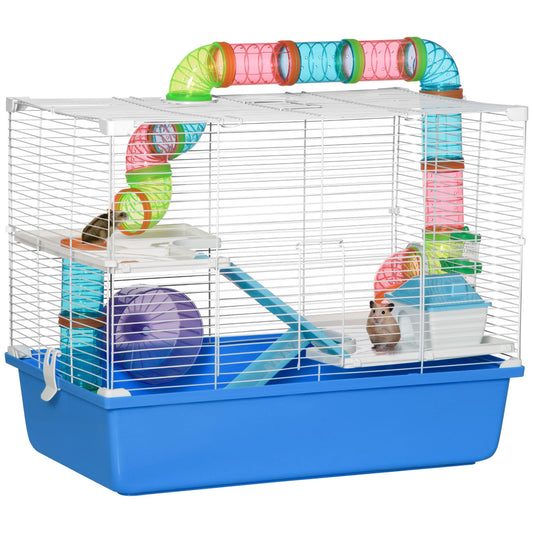 PawHut Hamster Cage, a blue three tier cage with tubes and an exercise wheel
