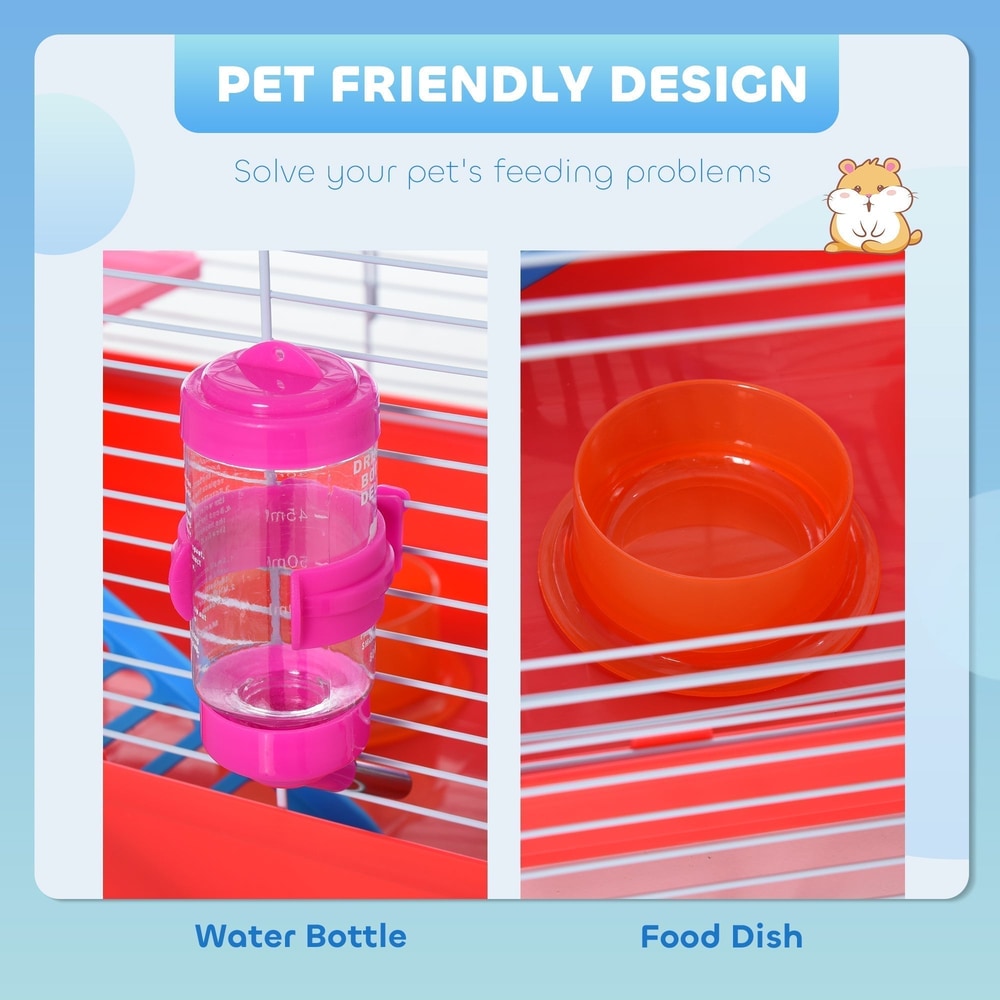 Close-up of the hamster cage accessories including a water bottle and food dish