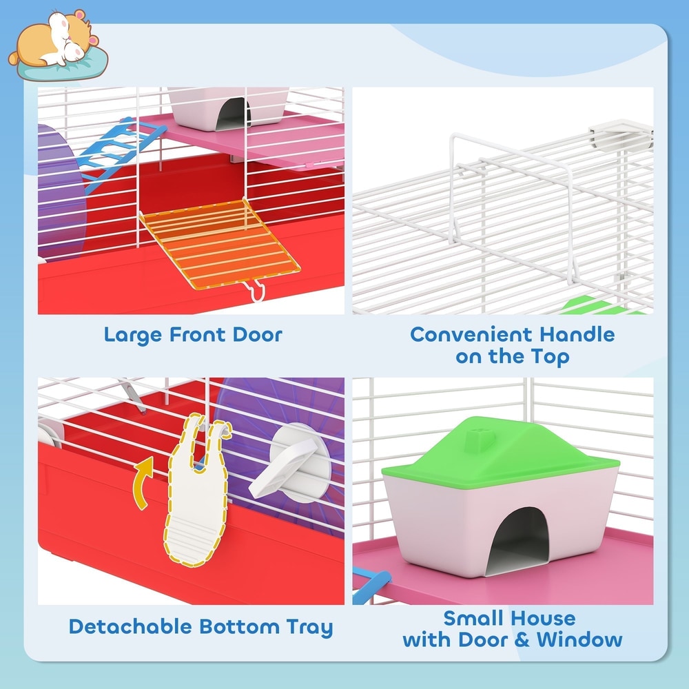 The hamster cage features a large front door, a top handle, a detachable bottom tray and a small house