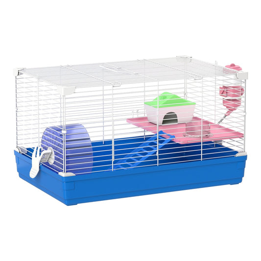 PawHut Hamster Cage, a blue and white two-tier small animal habitat with a wheel, house, and water bottle