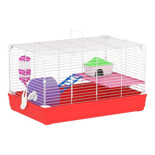 PawHut Hamster Cage, a two-tier portable small animal hutch with a red base and white wire top