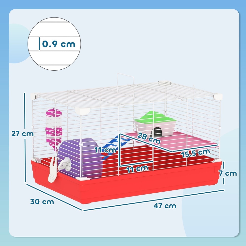 A size diagram showing the dimensions of the hamster hutch and its accessories