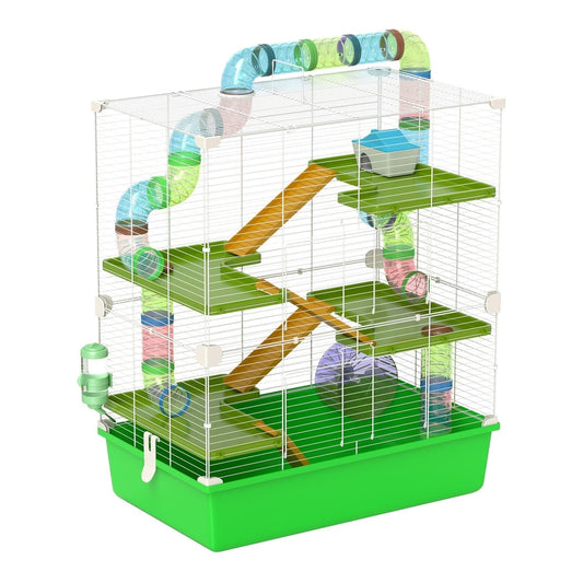 PawHut Hamster Cage w/ Water Bottle, a multi-level home with tubes, ramps and an exercise wheel