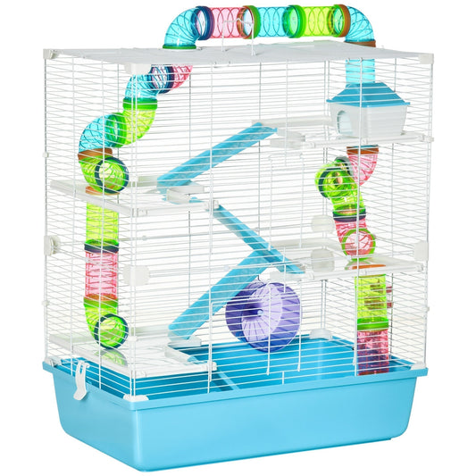 PawHut Hamster Cage w/ Water Bottle showing the full structure with colourful tubes and ramps