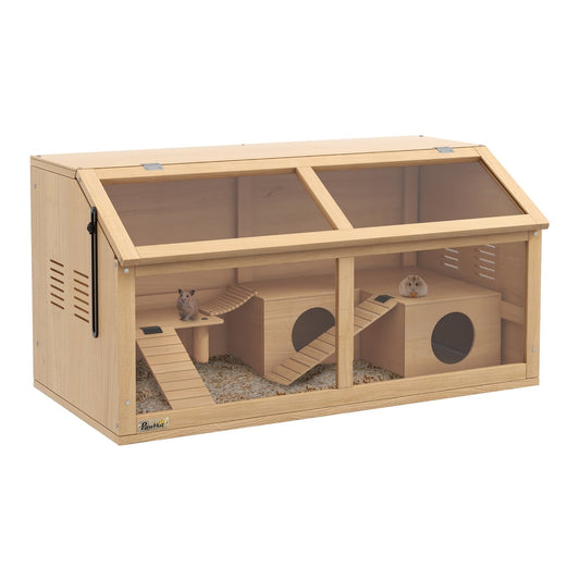 PawHut Hamster Cage, a wooden small animal enclosure with two levels and ramps
