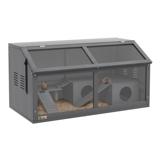 PawHut Hamster Cage with two hamsters inside on ramps and platforms in a grey wooden enclosure