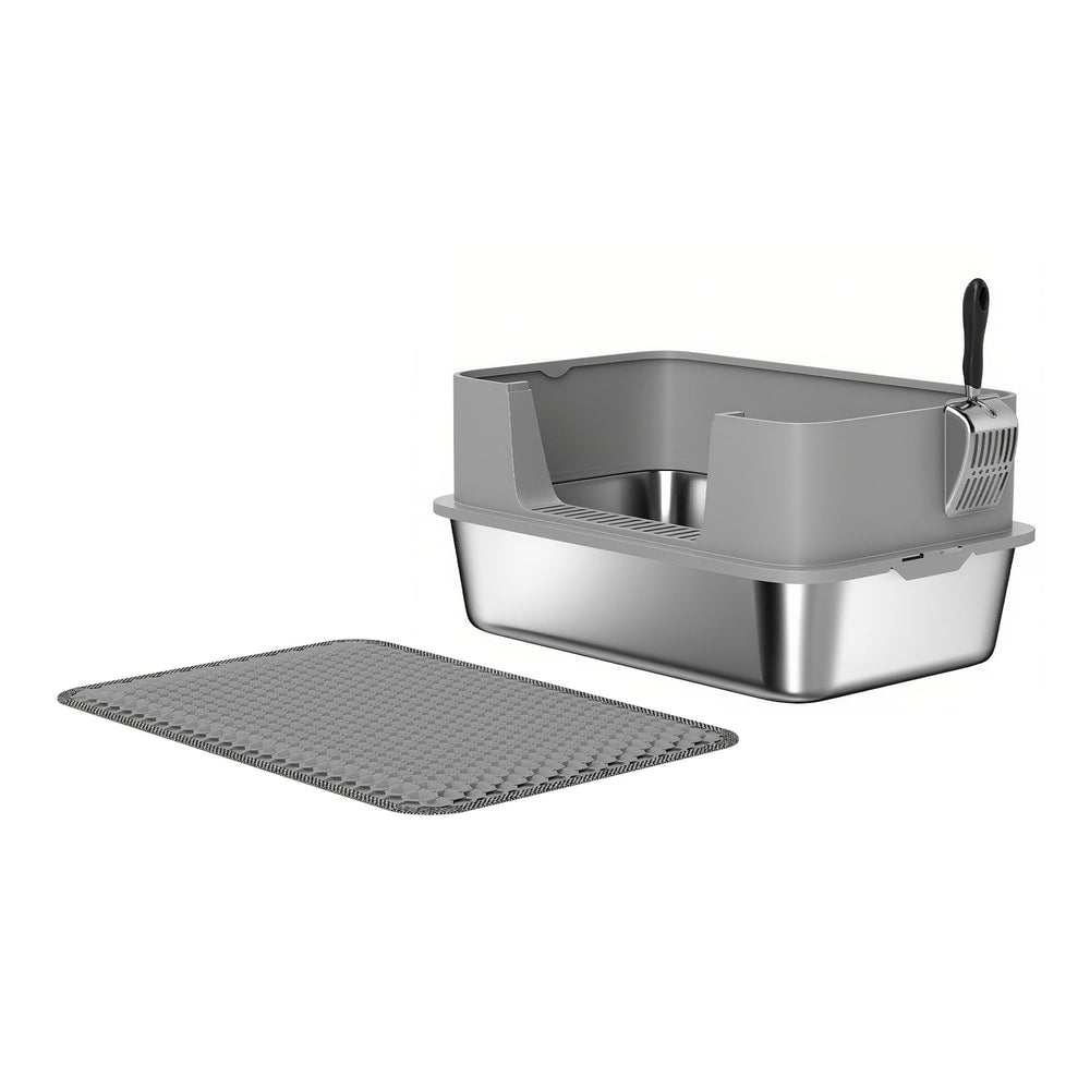 PawHut High Sided Stainless Steel Litter Box with a grey mat and scoop