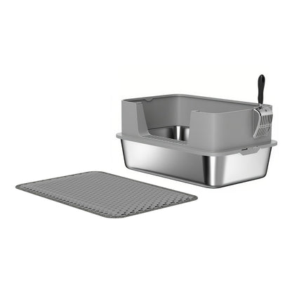PawHut High Sided Stainless Steel Litter Box with a grey mat and scoop