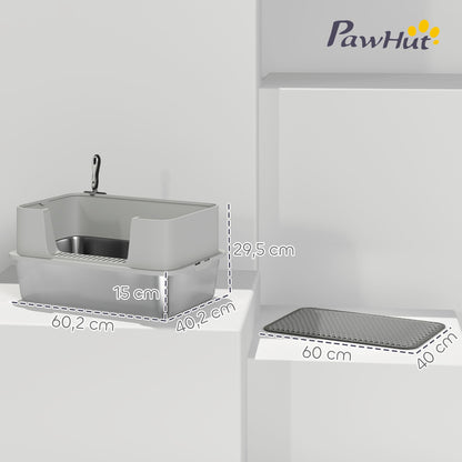 Dimensions of the stainless steel litter box and mat shown on shelves