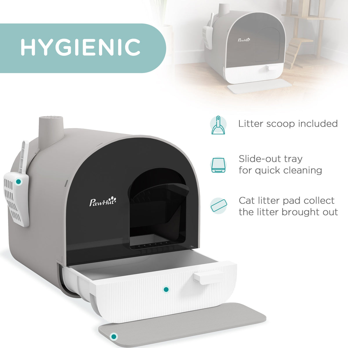 The hooded litter tray with the slide-out drawer open and text highlighting features
