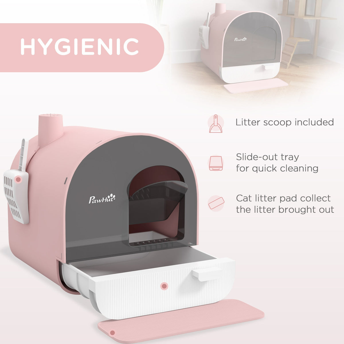 Close up of the pink hooded cat litter box showing the litter scoop and slide-out tray