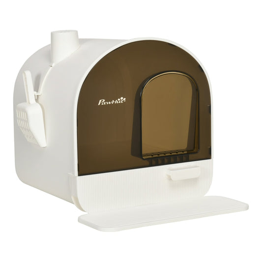 PawHut Hooded Cat Litter Box with a scoop attached to the side and a front entry flap door