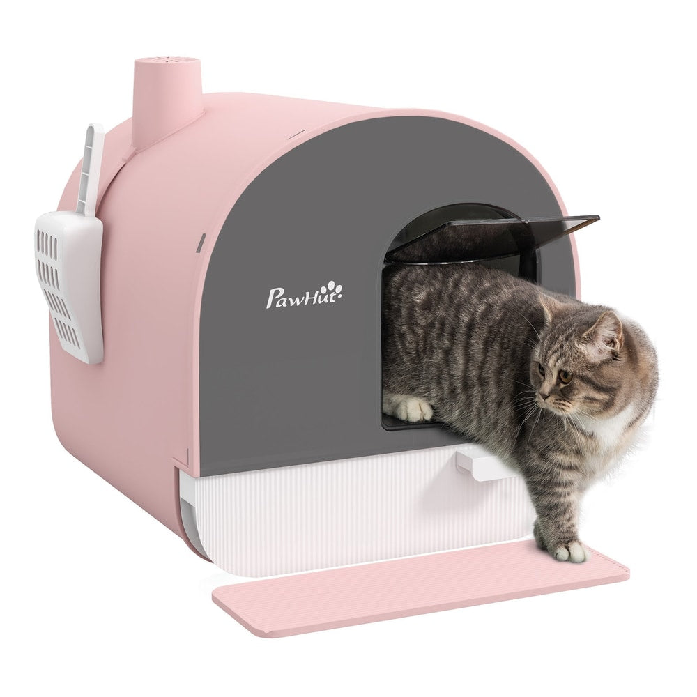 PawHut Hooded Cat Litter Box in pink with a grey hooded top and a clear flap door