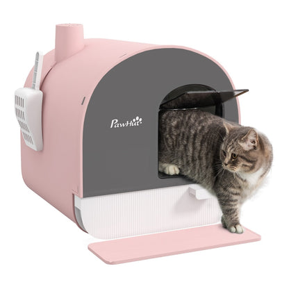 PawHut Hooded Cat Litter Box in pink with a grey hooded top and a clear flap door