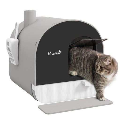 PawHut Hooded Cat Litter Box with a grey cat stepping out onto the small floor mat