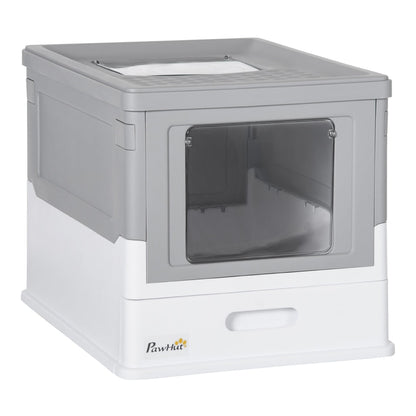 PawHut Hooded Cat Litter Box in grey and white with a front entry door and a top lid