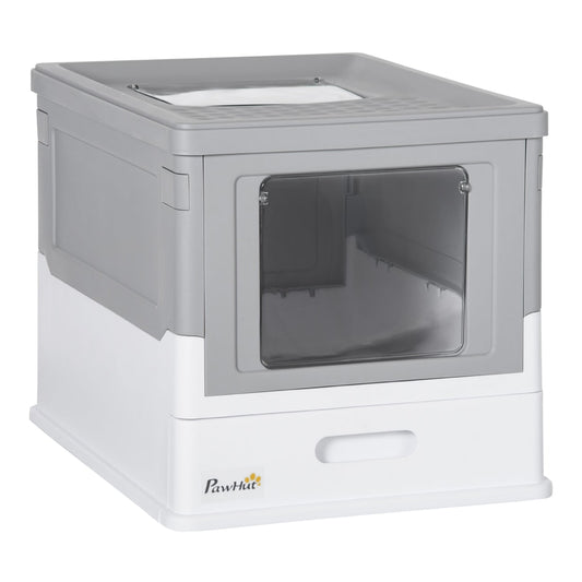 PawHut Hooded Cat Litter Box in grey and white with a front entry door and a top lid
