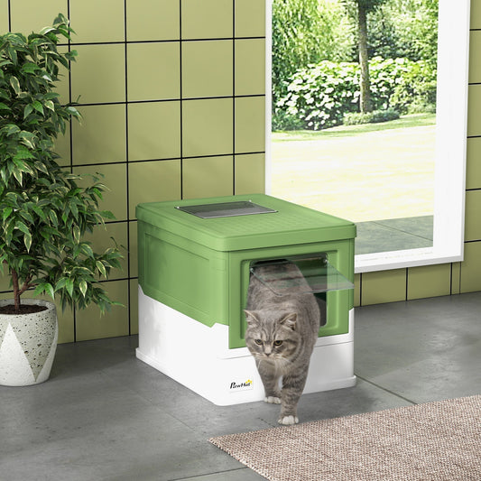 The hooded cat litter box in a modern bathroom with a cat exiting the front entry