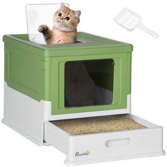 PawHut Hooded Cat Litter Box, a light green and white portable pet toilet with a scoop and a drawer