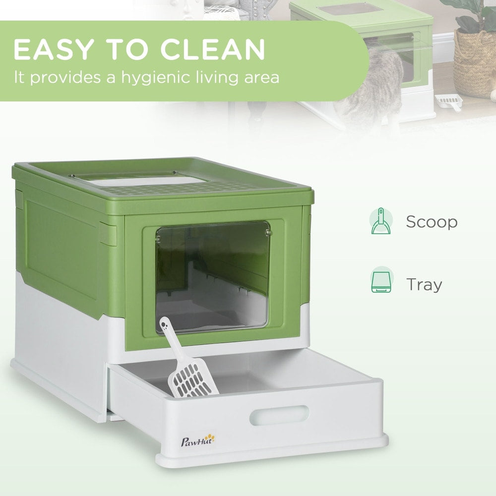 The easy to clean hooded cat litter box with its scoop and removable tray