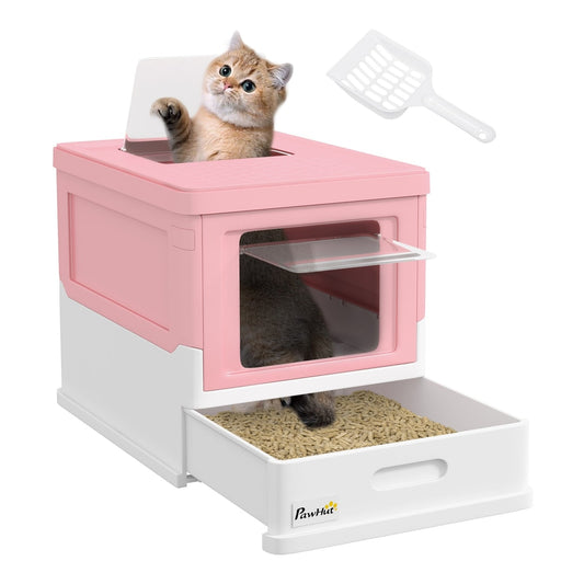 PawHut Hooded Cat Litter Box with a cat entering through the front door and a scoop included