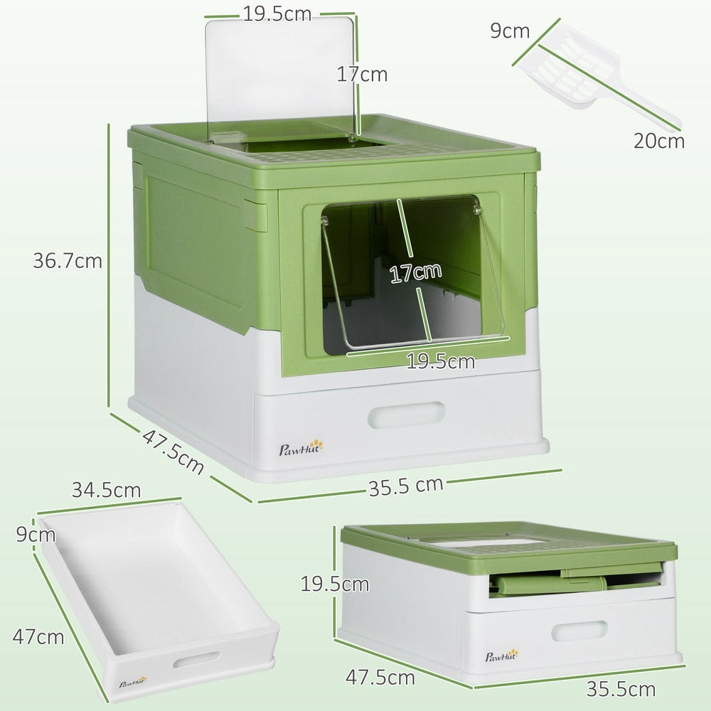 Dimensions of the light green and white hooded cat litter box and its separate tray