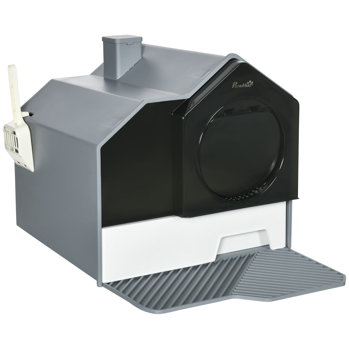 PawHut Hooded Cat Litter Tray with Scoop, a grey and black cat litter box with a hut design and front entrance