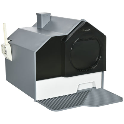 PawHut Hooded Cat Litter Tray with Scoop, a grey and black cat litter box with a hut design and front entrance