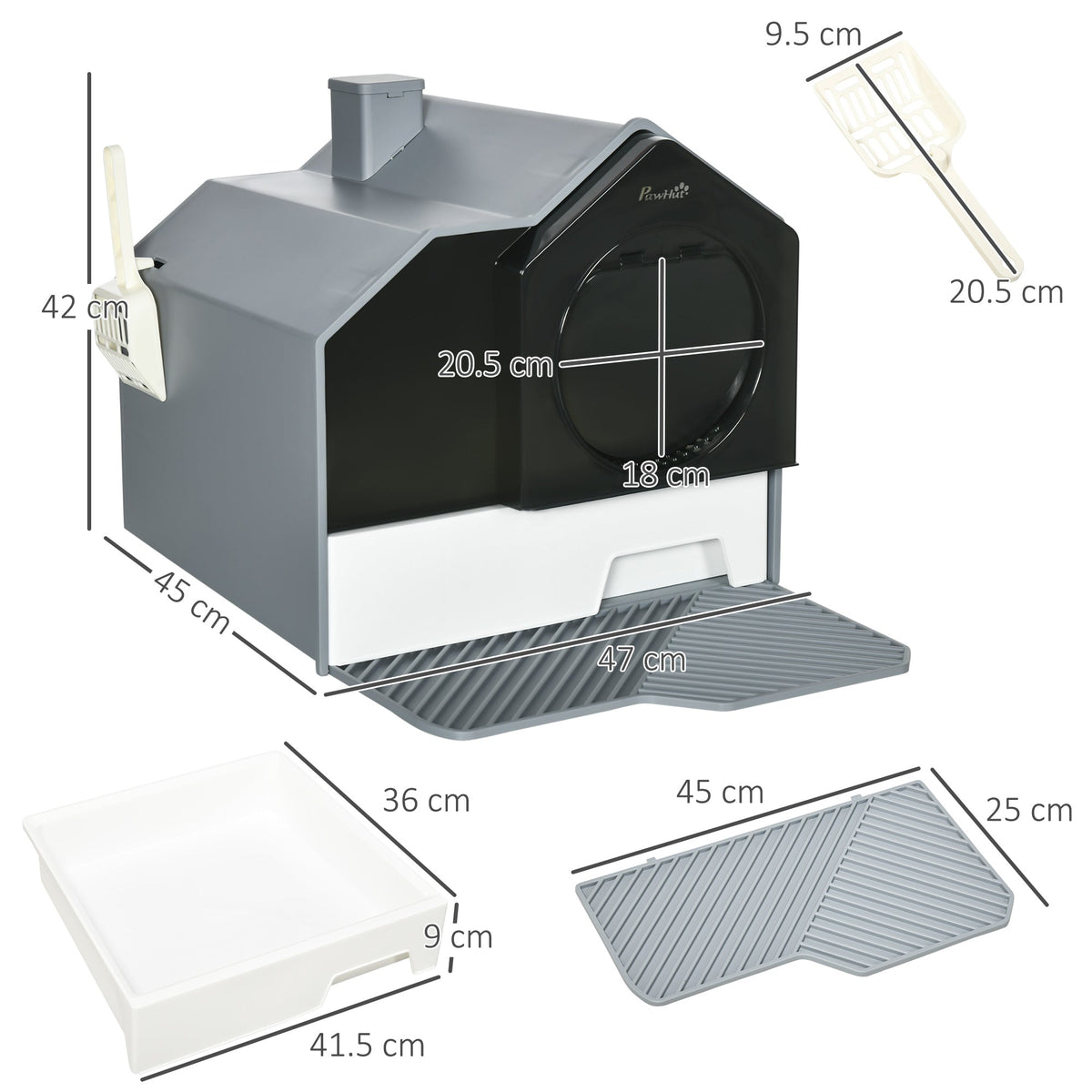 Dimensions of the hooded cat litter box and its accessories, including the tray and scoop