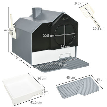 Dimensions of the hooded cat litter box and its accessories, including the tray and scoop
