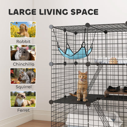 A black 3-tier cat enclosure shown with various small animals that could use it