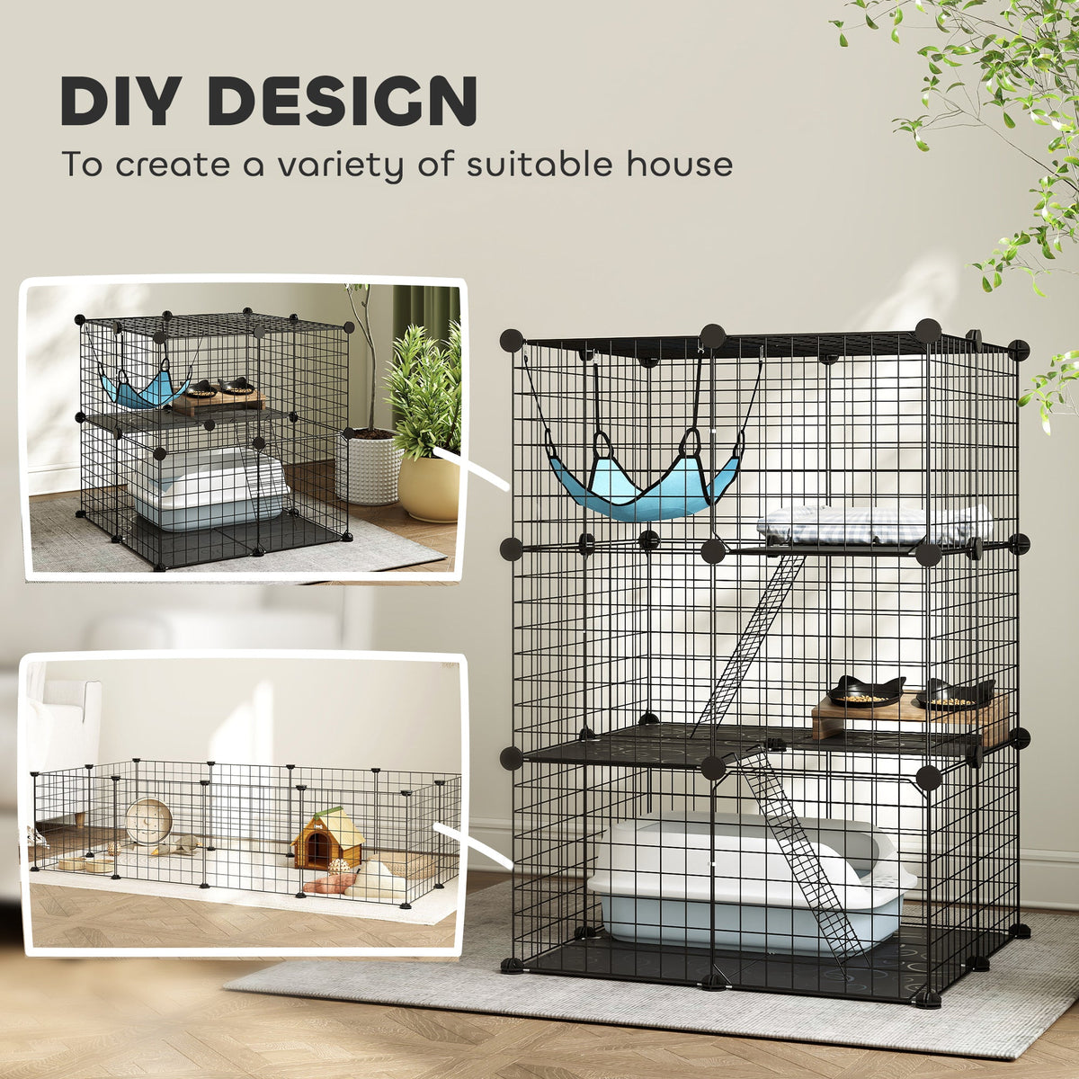 DIY design options for a black 3-tier cat enclosure, showing different configurations