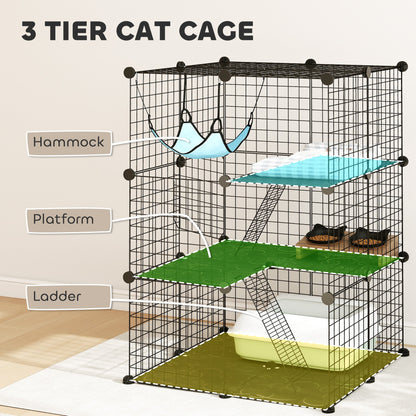 The features of the 3-tier cat enclosure are labelled: hammock, platform, and ladder