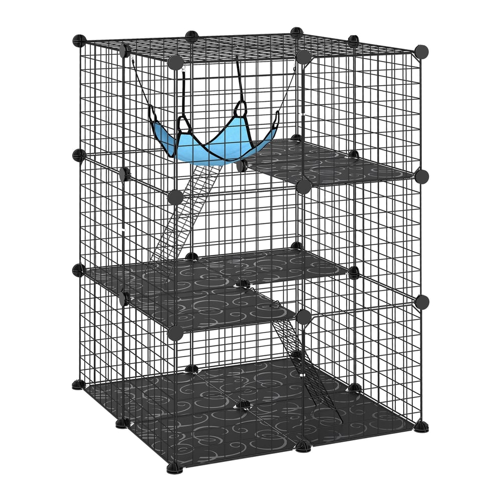 PawHut Indoor Cat Cage a black 3-tier wire enclosure with platforms and a hammock