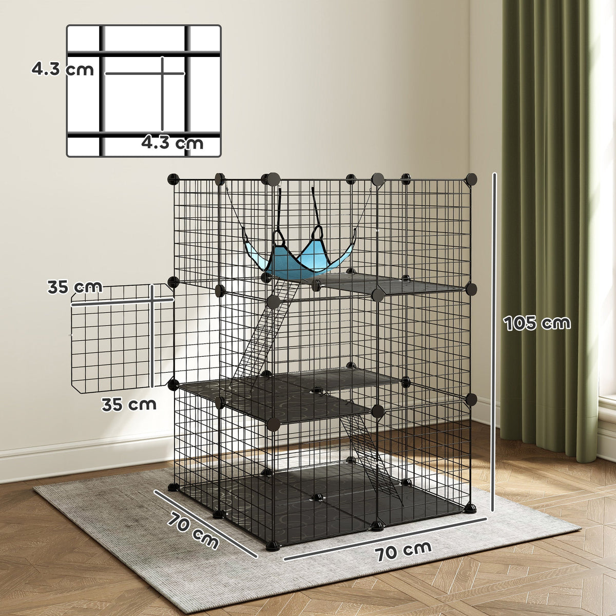 A black 3-tier cat enclosure with dimensions shown, including height and width