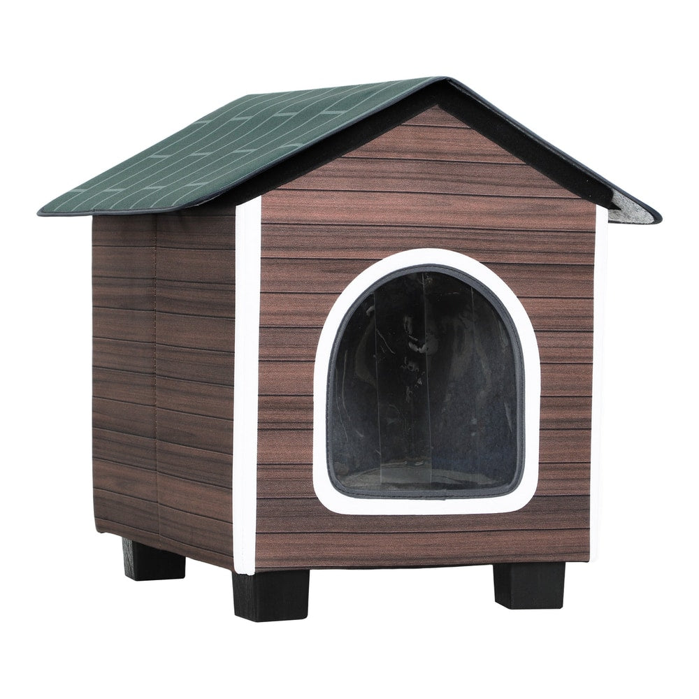 PawHut Insulated Outdoor Cat House, a small wooden-effect shelter with a green roof and a round entrance
