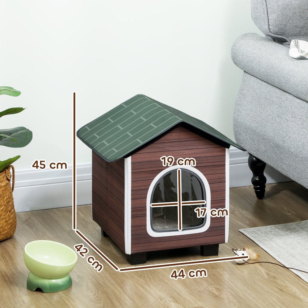 Dimensions of the outdoor cat shelter shown with measurements for height, width and depth