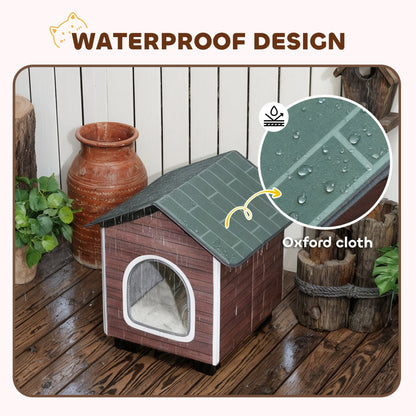 Close-up of the waterproof design of the outdoor cat shelter, showing water beading on the fabric