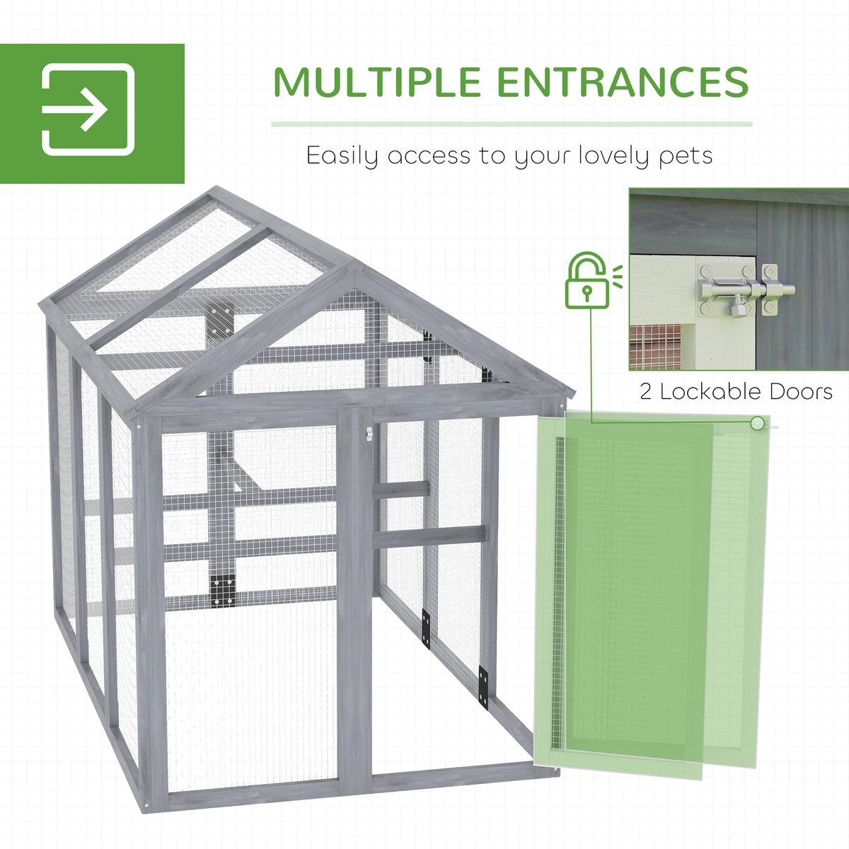 The wooden chicken coop showing the two lockable doors and how they open for easy access